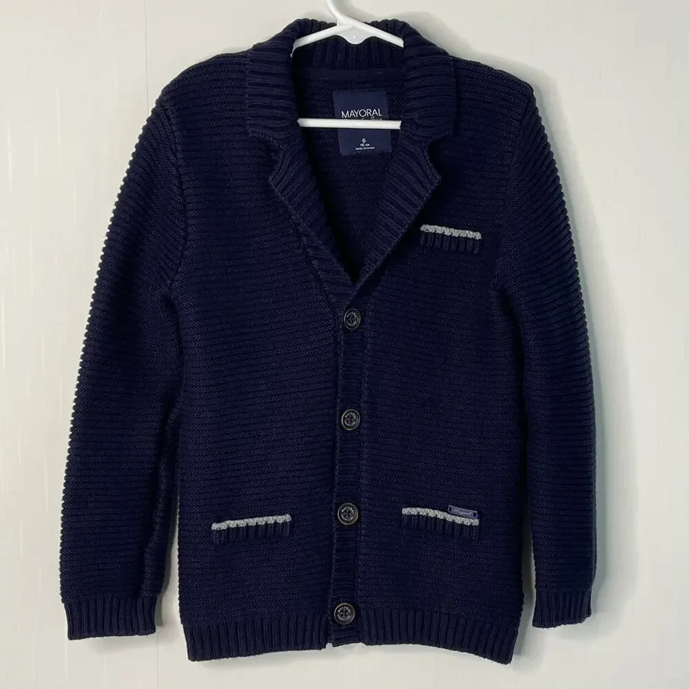 Mayoral Navy Boys Grandpa Shawl Collar Ribbed Button Cardigan Sweater Size 6